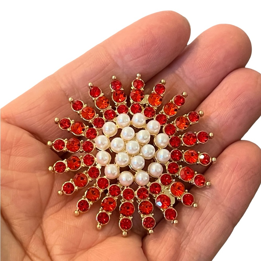 Gold-Tone Red Crystal and Pearl Sunburst Brooch - Women Jewelry